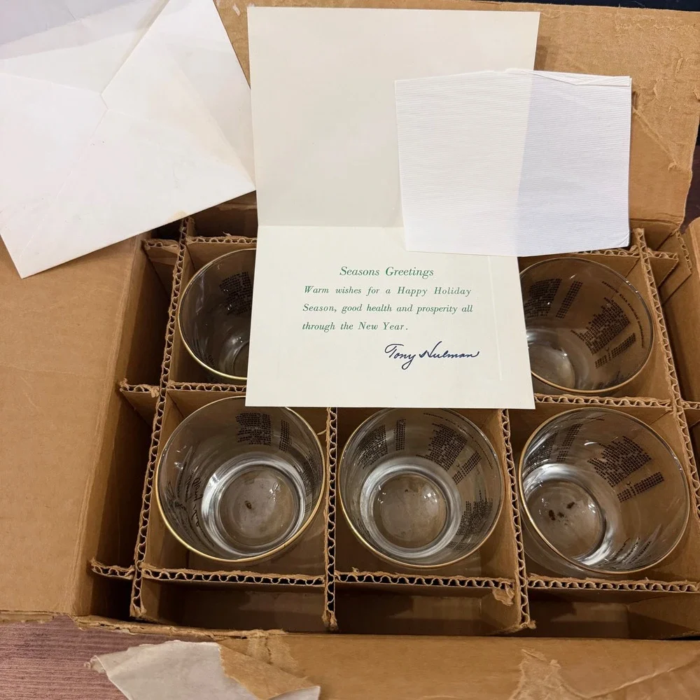 Vintage Indy 500 Winners Rocks Glass Set of 6 Tony Hulman Signed Gold Rim in Box